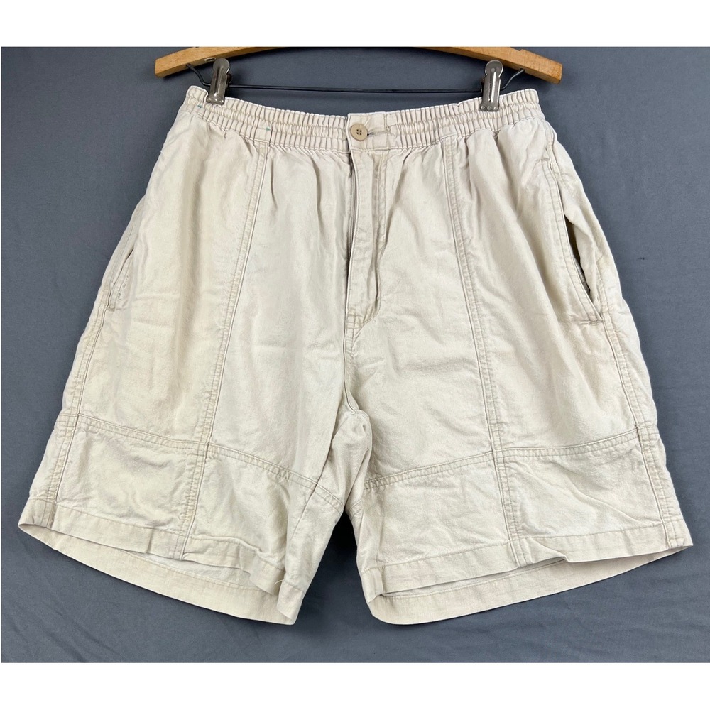 Surf Odyssey Shorts Mens Large Beige Good Ramie Cotton Elastic Waist Casual 7in